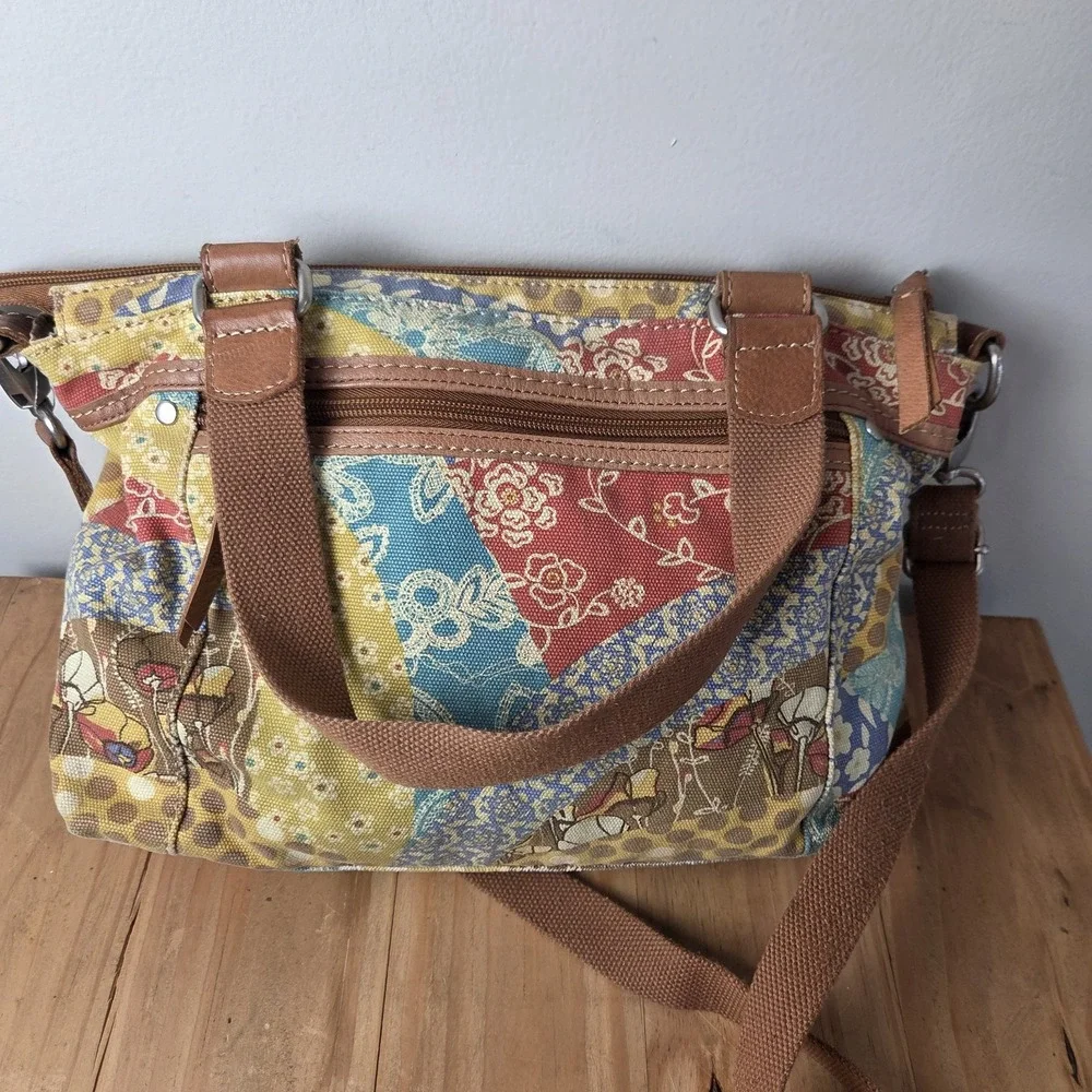 Fossil Patchwork Canvas Satchel Handbag Crossbody Shoulder Bag Leather Boho...